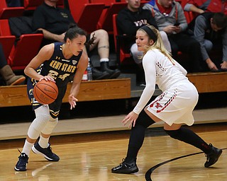 Kent State guard Alexa Golden (24) drives against Youngstown State guard Alison Smolinski (2) during the fourth quarter of a NCAA College Basketball game, Tuesday, Nov. 14, 2017, at Beeghly Center in Youngstown. Kent State won 55-44...(Nikos Frazier | The Vindicator)..