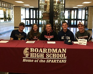 Neighbors | Submitted .Pictured are Kyle Kimerer (swimming), Jenna Vivo (golf), Brian Terlesky (golf), Cade Kreps (golf) and Bryan Kordupel (golf), signing their letters of intent.