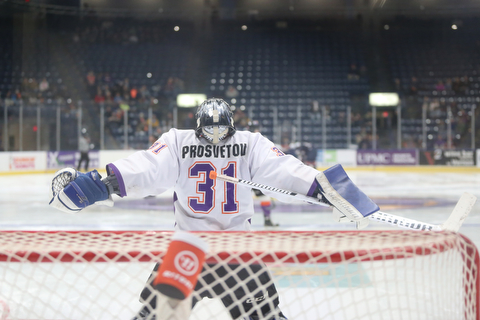 Youngstown Phantoms goalie Ivan Prosvetov (31)  gets ready for the first period as Team USA takes on the Youngstown Phantoms, Friday, Nov. 17, 2017, at the Covelli Centre in Youngstown...(Nikos Frazier | The Vindicator)..
