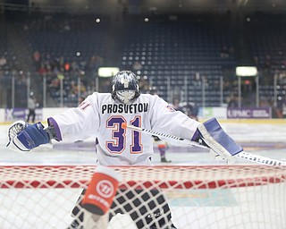 Youngstown Phantoms goalie Ivan Prosvetov (31)  gets ready for the first period as Team USA takes on the Youngstown Phantoms, Friday, Nov. 17, 2017, at the Covelli Centre in Youngstown...(Nikos Frazier | The Vindicator)..