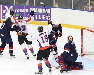 Youngstown Phantoms center Curtis Hall (20) celebrates a goal with Youngstown Phantoms forward Chase Gresock (19) during the first period as Team USA takes on the Youngstown Phantoms, Friday, Nov. 17, 2017, at the Covelli Centre in Youngstown...(Nikos Frazier | The Vindicator)..