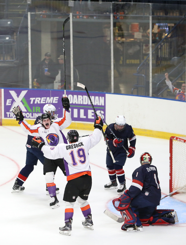 Youngstown Phantoms center Curtis Hall (20) celebrates a goal with Youngstown Phantoms forward Chase Gresock (19) during the first period as Team USA takes on the Youngstown Phantoms, Friday, Nov. 17, 2017, at the Covelli Centre in Youngstown...(Nikos Frazier | The Vindicator)..