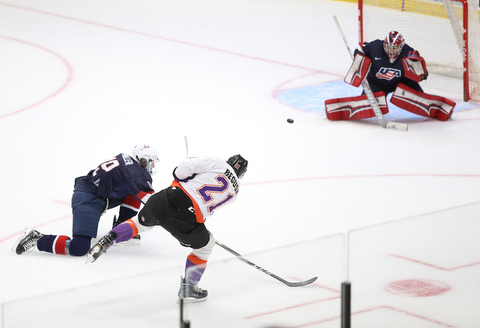 Youngstown Phantoms center Mike Regush (21) shoots towards the goal during the first period as Team USA takes on the Youngstown Phantoms, Friday, Nov. 17, 2017, at the Covelli Centre in Youngstown...(Nikos Frazier | The Vindicator)..