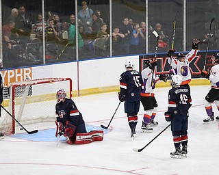 The Phantoms celebrate a goal during the second period as Team USA takes on the Youngstown Phantoms, Friday, Nov. 17, 2017, at the Covelli Centre in Youngstown...(Nikos Frazier | The Vindicator)..