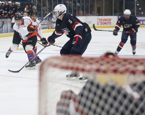 Youngstown Phantoms right wing Jack Malone (18)  shoots towards the goal during the second period as Team USA takes on the Youngstown Phantoms, Friday, Nov. 17, 2017, at the Covelli Centre in Youngstown...(Nikos Frazier | The Vindicator)..
