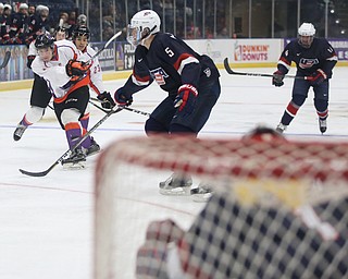 Youngstown Phantoms right wing Jack Malone (18)  shoots towards the goal during the second period as Team USA takes on the Youngstown Phantoms, Friday, Nov. 17, 2017, at the Covelli Centre in Youngstown...(Nikos Frazier | The Vindicator)..