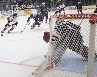 Youngstown Phantoms center Craig Needham (52)  skates with the puck towards the goal during the second period as Team USA takes on the Youngstown Phantoms, Friday, Nov. 17, 2017, at the Covelli Centre in Youngstown...(Nikos Frazier | The Vindicator)..