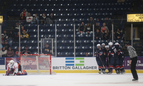 Team USA celebrates a goal during the second period as Team USA takes on the Youngstown Phantoms, Friday, Nov. 17, 2017, at the Covelli Centre in Youngstown...(Nikos Frazier | The Vindicator)..
