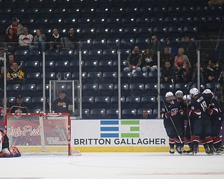 Team USA celebrates a goal during the second period as Team USA takes on the Youngstown Phantoms, Friday, Nov. 17, 2017, at the Covelli Centre in Youngstown...(Nikos Frazier | The Vindicator)..