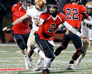 SALEM, OHIO - NOVEMBER 17, 2017:  Canfield's Vinny Fiorenza (2) has the ball pop out of his grasp but he regains control of the ball during the 2nd qtr. at Reilly Stadium, Salem High School.  MICHAEL G TAYLOR | THE VINDICATOR