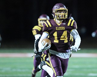 Aniello Buzzacco (14) returns a fumble for a touchdown during the first half of Friday nights matchup against Black River at Canal Fulton.  Dustin Livesay  |  The Vindicator  11/17/17  Canal Fulton.