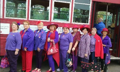 Queen Rita and her Chapter Red hot Flashes, a support chapter of the Red Hat Society, took a trolley ride in Salem to learn about the Underground Railroad. The docent was dressed as a Salem Quaker. The trolley is equipped with a screen inside that displays more than 100 slides of the interiors of the homes, the Underground Railroad hiding places and several abolitionists who lived in or visited them. Dinner took place at Boneshakers at the Timberlanes Complex. Above, from left, are Jackie Gordon, Connie Reed, Darlene May, Queen Rita Lane, Patti Rose, Starr Willaman, Judie Shortreed, Mary Anspach and Lisa Barrass.
