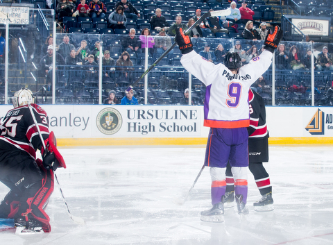 Scott R. Galvin | The Vindicator.Youngstown Phantoms left wing Tommy Parrottino (9) celebrates his second period goal against the Chicago Steel at the Covelli Centre on Saturday, November 18, 2017..
