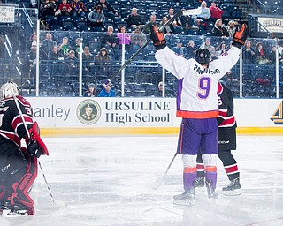 Scott R. Galvin | The Vindicator.Youngstown Phantoms left wing Tommy Parrottino (9) celebrates his second period goal against the Chicago Steel at the Covelli Centre on Saturday, November 18, 2017..