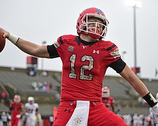 YOUNGSTOWN, OHIO - NOVEMBER 18, 2017: Youngstown State's Ricky Davis spikes the football after scoring a touchdown during the second half of Saturday afternoons game at Stambaugh Stadium. Youngstown State won 38-10. DAVID DERMER | THE VINDICATOR