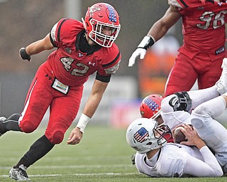 YOUNGSTOWN, OHIO - NOVEMBER 18, 2017: Youngstown State's Armand Dellovade celebrates after a sack of Missouri State's J.T. Granato during the second half of Saturday afternoons game at Stambaugh Stadium. Youngstown State won 38-10. DAVID DERMER | THE VINDICATOR
