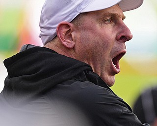 YOUNGSTOWN, OHIO - NOVEMBER 18, 2017: Youngstown State head coach Bo Pelini shouts at an official from the sideline during the second half of Saturday afternoons game at Stambaugh Stadium. Youngstown State won 38-10. DAVID DERMER | THE VINDICATOR