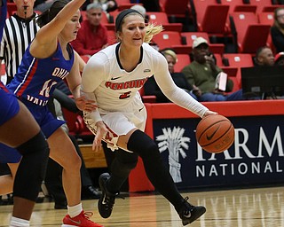 Youngstown State guard Alison Smolinski (2) charges towards the basket as she is guarded by Ohio Valley guard TannerÊEsposito (10) during the first quarter as Ohio Valley University takes on Youngstown State University in a NCAA basketball game, Monday, Nov. 20, 2017, at the Beeghly Center in Youngstown. YSU won 86-59...(Nikos Frazier | The Vindicator)..