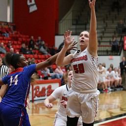 Youngstown State forward Anne Secrest (50) goes up for a layup during the second quarter as Ohio Valley University takes on Youngstown State University in a NCAA basketball game, Monday, Nov. 20, 2017, at the Beeghly Center in Youngstown. YSU won 86-59...(Nikos Frazier | The Vindicator)..