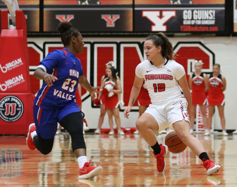 Youngstown State guard Josie Fisher (10) crosses the ball behind her back to evade Ohio Valley guard AyannaÊFord (23) during the second quarter as Ohio Valley University takes on Youngstown State University in a NCAA basketball game, Monday, Nov. 20, 2017, at the Beeghly Center in Youngstown. YSU won 86-59...(Nikos Frazier | The Vindicator)..