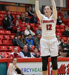 Youngstown State guard Chelsea Olson (12) goes up for three during the second quarter as Ohio Valley University takes on Youngstown State University in a NCAA basketball game, Monday, Nov. 20, 2017, at the Beeghly Center in Youngstown. YSU won 86-59...(Nikos Frazier | The Vindicator)..