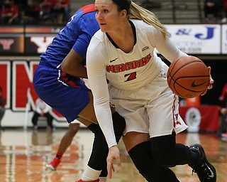 Youngstown State guard Alison Smolinski (2) rolls off of Ohio Valley guard AmiayaÊMelvins (1) before completing a layup during the third quarter as Ohio Valley University takes on Youngstown State University in a NCAA basketball game, Monday, Nov. 20, 2017, at the Beeghly Center in Youngstown. YSU won 86-59...(Nikos Frazier | The Vindicator)..