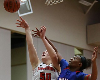 Youngstown State forward Anne Secrest (50) goes up for a layup against Ohio Valley guard AlyssaÊMurray (14) during the third quarter as Ohio Valley University takes on Youngstown State University in a NCAA basketball game, Monday, Nov. 20, 2017, at the Beeghly Center in Youngstown. YSU won 86-59...(Nikos Frazier | The Vindicator)..