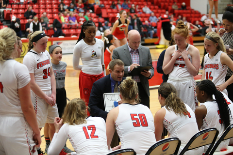 Youngstown State head coach John Barnes talks with his players during a timeout in the third quarter as Ohio Valley University takes on Youngstown State University in a NCAA basketball game, Monday, Nov. 20, 2017, at the Beeghly Center in Youngstown. YSU won 86-59...(Nikos Frazier | The Vindicator)..