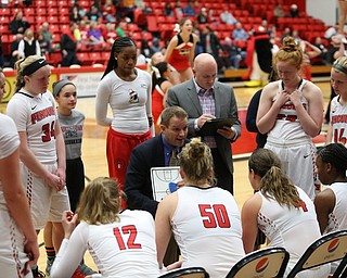 Youngstown State head coach John Barnes talks with his players during a timeout in the third quarter as Ohio Valley University takes on Youngstown State University in a NCAA basketball game, Monday, Nov. 20, 2017, at the Beeghly Center in Youngstown. YSU won 86-59...(Nikos Frazier | The Vindicator)..