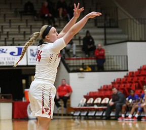 Youngstown State guard Melinda Trimmer (14) goes up for three during the third quarter as Ohio Valley University takes on Youngstown State University in a NCAA basketball game, Monday, Nov. 20, 2017, at the Beeghly Center in Youngstown. YSU won 86-59...(Nikos Frazier | The Vindicator)..