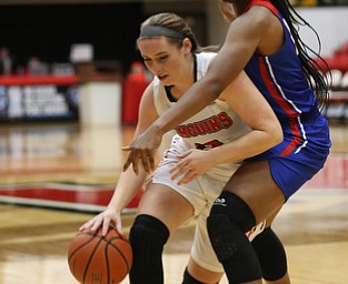 Youngstown State guard Morgan Brunner (13) tries to push off Ohio Valley forward ArielÊJohnson (22) during the fourth quarter as Ohio Valley University takes on Youngstown State University in a NCAA basketball game, Monday, Nov. 20, 2017, at the Beeghly Center in Youngstown. YSU won 86-59...(Nikos Frazier | The Vindicator)..