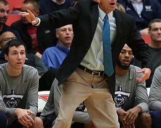 Westminister College head coach Kevin Siroki during the first half as Westminister College takes on Youngstown State in a NCAA basketball game, Tuesday, Nov. 21, 2017, at the Beeghly Center in Youngstown. YSU won 91-83...(Nikos Frazier | The Vindicator)..