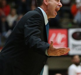 Westminister College head coach Kevin Siroki reacts to an officials penalty during the second half as Westminister College takes on Youngstown State in a NCAA basketball game, Tuesday, Nov. 21, 2017, at the Beeghly Center in Youngstown. YSU won 91-83...(Nikos Frazier | The Vindicator)..