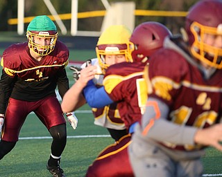 Aniello Buzzacco (14) reads the offense before rushing the ball holder during a post-season practice, Tuesday, Nov. 21, 2017, at South Range High School in Canfield...(Nikos Frazier | The Vindicator)