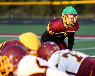 Aniello Buzzacco (14) reads the offense before rushing the ball holder during a post-season practice, Tuesday, Nov. 21, 2017, at South Range High School in Canfield...(Nikos Frazier | The Vindicator)