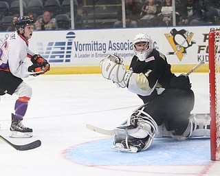 Youngstown Phantoms forward Matthew Barry (26) scores a goal against Muskegon Lumberjacks goalie Adam Brizgala (1) during the second period of a USHL hockey game, Wednesday, Nov. 22, 2017, at the Covelli Centre in Youngstown. Phantoms won 7-3...(Nikos Frazier | The Vindicator)..