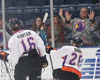 Youngstown Phantoms forward Matthew Barry (26) celebrates after scoring a goal during the second period of a USHL hockey game, Wednesday, Nov. 22, 2017, at the Covelli Centre in Youngstown. Phantoms won 7-3...(Nikos Frazier | The Vindicator)..