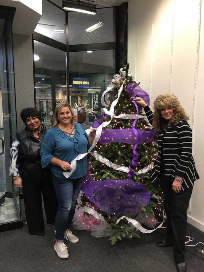 GFWC Ohio Warren Junior Women’s League’s domestic violence awareness committee is working with Someplace Safe to aid women and children who registered for assistance this holiday season. Angel tags may be chosen from the purple tree between the community room and Payless ShoeSource near Dillard’s. Purchase the gifts on the tags and return them to the community room from noon to 9 p.m. now through Dec. 19. Someplace Safe helps women and children in Trumbull County. Decorating the tree, from left, are committee members Lisha Pompili-Maumiller, Missy Forte-Parker and Mary Swift, chairwoman.
