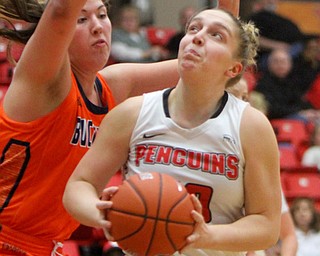 William D. Lewis the Vindicator  YSU's Anne Secrest(50) shoots over Bucknell's Kaitlyn Slagus(50) during 11-24-17 action at YSU.