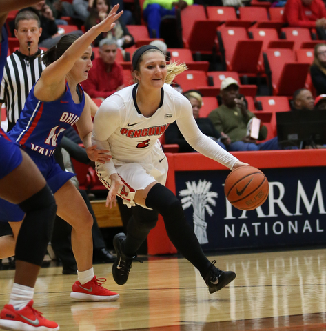 Youngstown State guard Alison Smolinski (2) charges towards the basket as she is guarded by Ohio Valley guard TannerÊEsposito (10) during the first quarter as Ohio Valley University takes on Youngstown State University in a NCAA basketball game, Monday, Nov. 20, 2017, at the Beeghly Center in Youngstown. YSU won 86-59...(Nikos Frazier | The Vindicator)..