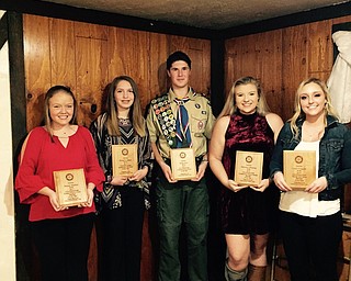 Columbiana Rotary hosted its annual Youth Service Awards banquet recently at Heck’s Restaurant in Columbiana. Awards were presented to, from left, Hannah Hephner, 4-H student of the year; Brileigh Kocahjer, outstanding Girl Scout; Tanner Daub, outstanding Boy Scout; Harmony Offenburg, Rotary Interact student of the year; and Caitlin Fitzgerald, Heroes & Halos student of the year.