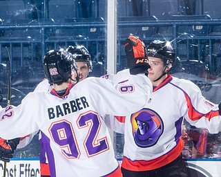 Scott R. Galvin | The Vindicator.Youngstown Phantoms center Alexander Barber (92) congratulates right winger Chase Gresock (19) on his goal during the second period against Team USA NTDP on Friday night at the Covelli Centre.