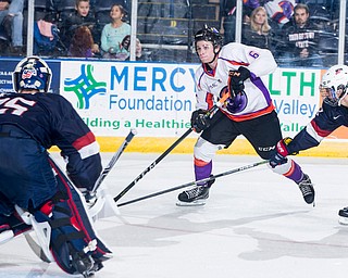 Scott R. Galvin | The Vindicator.Youngstown Phantoms right wing Max Ellis (6) scores a goal against Team USA goalie Spencer Knight during the third period on Friday at the Covelli Centre.