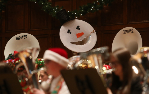 Musician's instruments were decked out for the holiday concert during a holiday craft show and third annual Tuba Christmas, Sunday, Dec. 3, 2017, at Stambaugh Auditorium in Youngstown...(Nikos Frazier | The Vindicator)