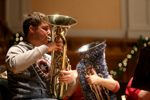 Brent Drysdale, a YSU Student, plays the euphonium  during a holiday craft show and third annual Tuba Christmas, Sunday, Dec. 3, 2017, at Stambaugh Auditorium in Youngstown...(Nikos Frazier | The Vindicator)