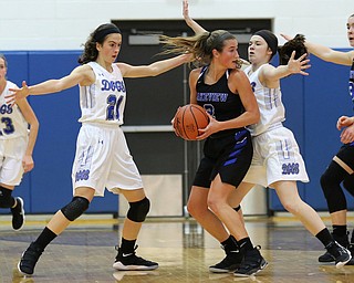 POLAND, OHIO - DECEMBER 6, 2017: Poland's Jackie Grisdale (21) and Poland's Marlie McConnell (20) defend against Lakeview's Lindsay Carnahan (2) during the 3rd qtr. at Poland High School.  MICHAEL G. TAYLOR | THE VINDICATOR