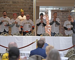 YOUNGSTOWN, OHIO - DECEMBER 7, 2017: Pittsburgh Pirates in-game hose Joe Klimchak addresses the cloud of Pirates fans, Thursday morning at the Butler Institute of Art during the Pirates Care-A-Van tour. DAVID DERMER | THE VINDICATOR