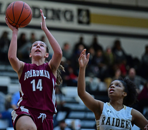 WARREN, OHIO - DECEMBER 7, 2017: Boardman's Emma Tokarsky goes to the basket against Harding's India Phiilips during the first half of their game, Thursday night at Warren Harding High School. DAVID DERMER | THE VINDICATOR...On the roster sheet it is spelled Phiilips.