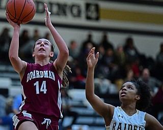WARREN, OHIO - DECEMBER 7, 2017: Boardman's Emma Tokarsky goes to the basket against Harding's India Phiilips during the first half of their game, Thursday night at Warren Harding High School. DAVID DERMER | THE VINDICATOR...On the roster sheet it is spelled Phiilips.