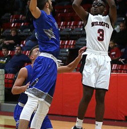 Struthers' Kevin Traylor (3) goes up for three in the third quarter of an AAC high school basketball game against TEAM, Friday, Dec. 8, 2017, in Struthers. Hubbard won 70-55...(Nikos Frazier | The Vindicator)